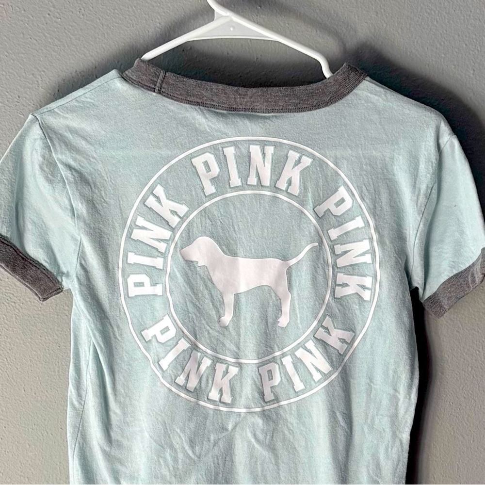 Retro VS PINK Ringer Tee in light blue/gray with dog logo on back